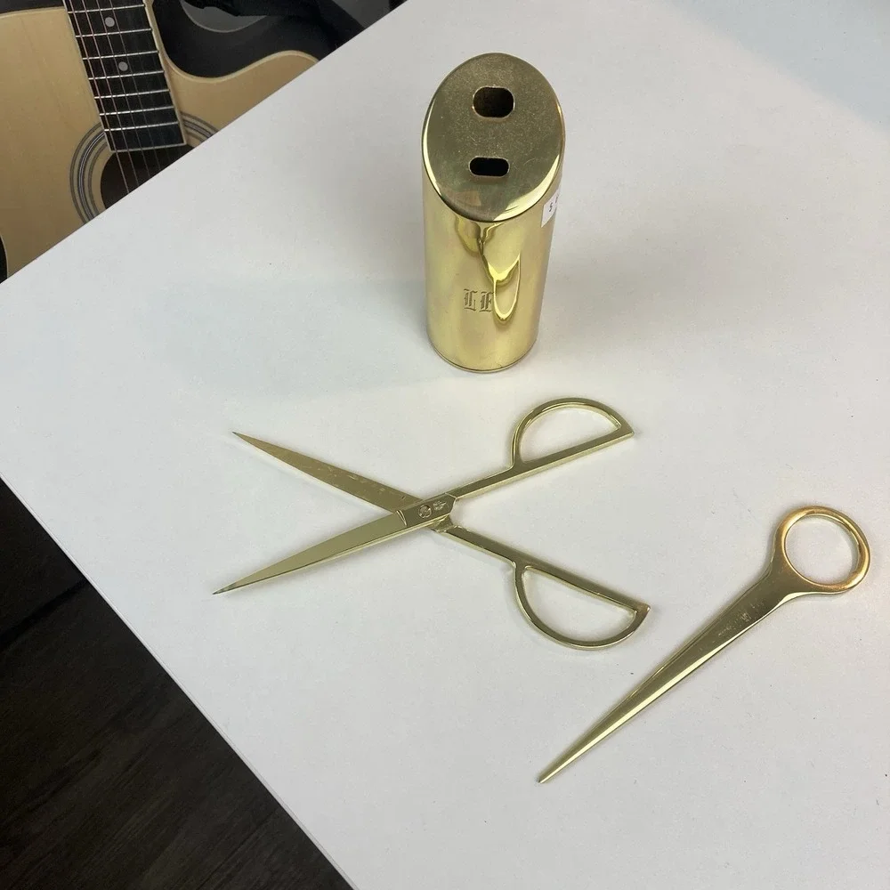Vintage Modernist Solid Brass Gold Tone Scissors / Letter Opener Desk Set with H